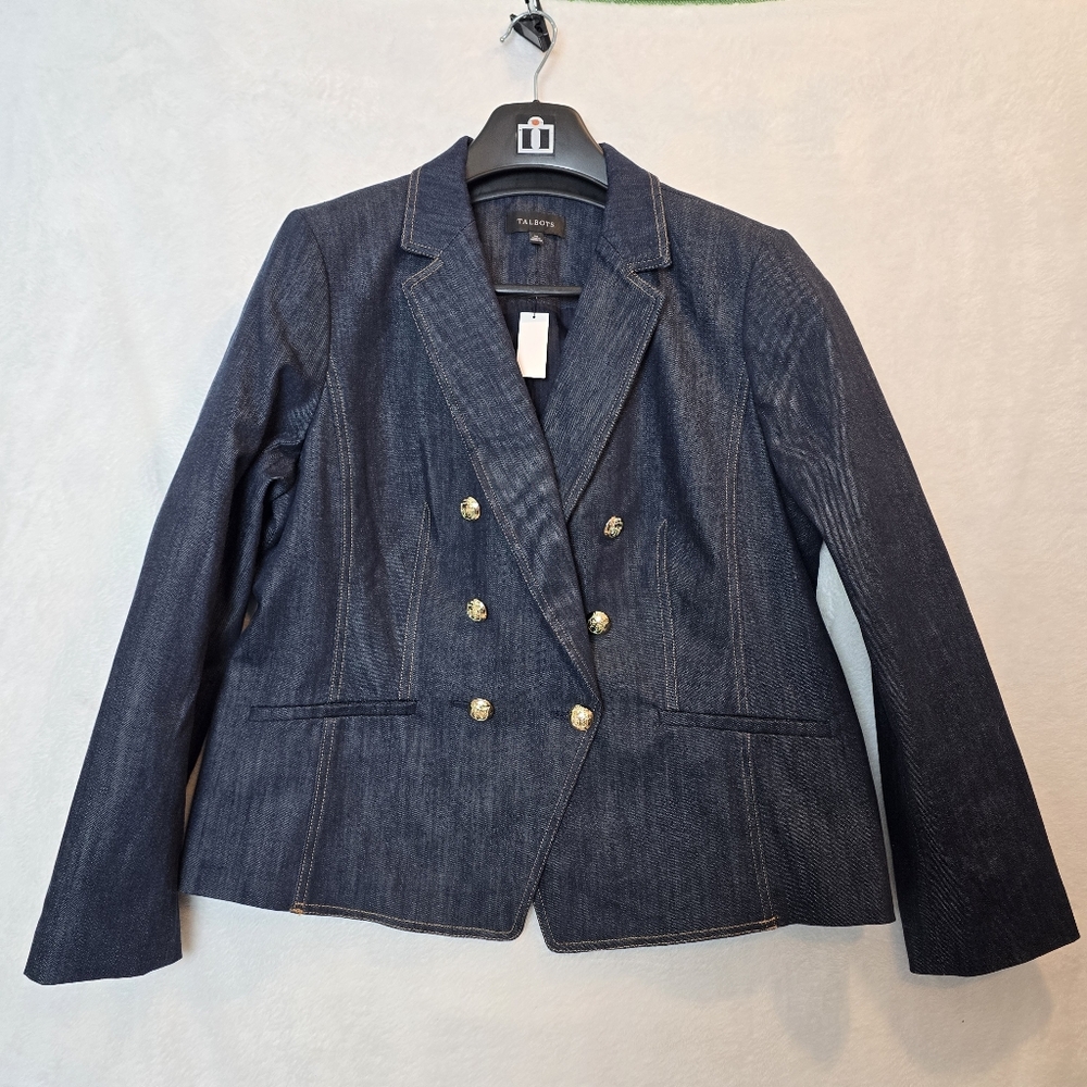 TALBOTS Refined Denim Double Breasted Blazer Lady Jacket Size 16